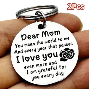 2Pcs Stainless Steel Round Keychain, With Engraved "Dear Mom I Love You" & Rose Design, Heartfelt Mother's Day, Birthday, Christmas Accessory For Mom