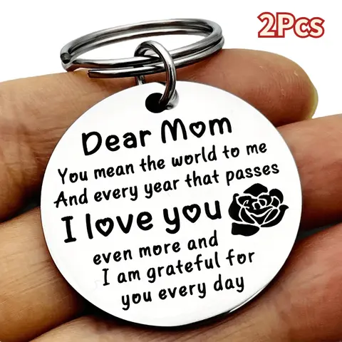 Mom's 2-Pack Stainless Steel Matching Keychain Gift Set - Engraved Circular Keyrings with 'Dear Mom I Love You' & Rose Detail Pops, Cute Fashion Keychains, Durable Daily Carry Accessories, 2-Piece 2Pcs Anniversary Gift for Sharing