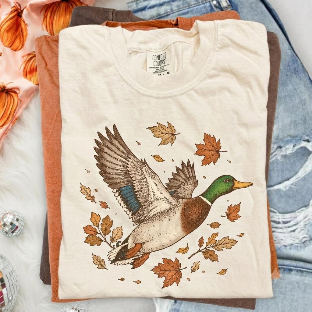 Retro Mallard Duck Graphic T-Shirt, Comfort Colors Fall Season Leaves Tee, Vintage Flying Bird Nature Shirt, Outdoors Wildlife Lover Gift