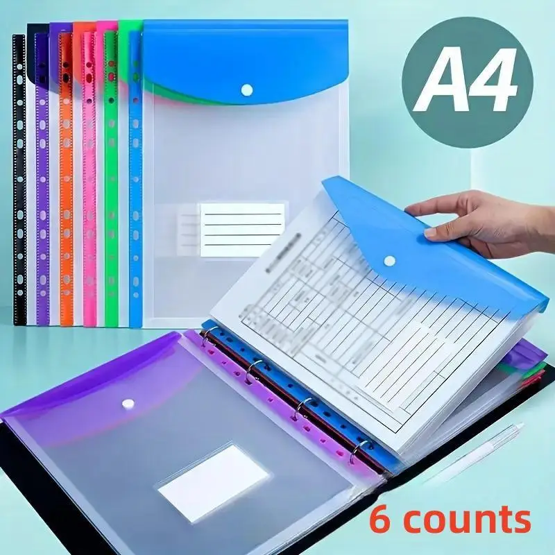 A4 Clear File Folder, 6 Counts/set High Capacity File Bag with 11 Holes Binding Ring, Portable Design File Storage Bag for School, Home, Office