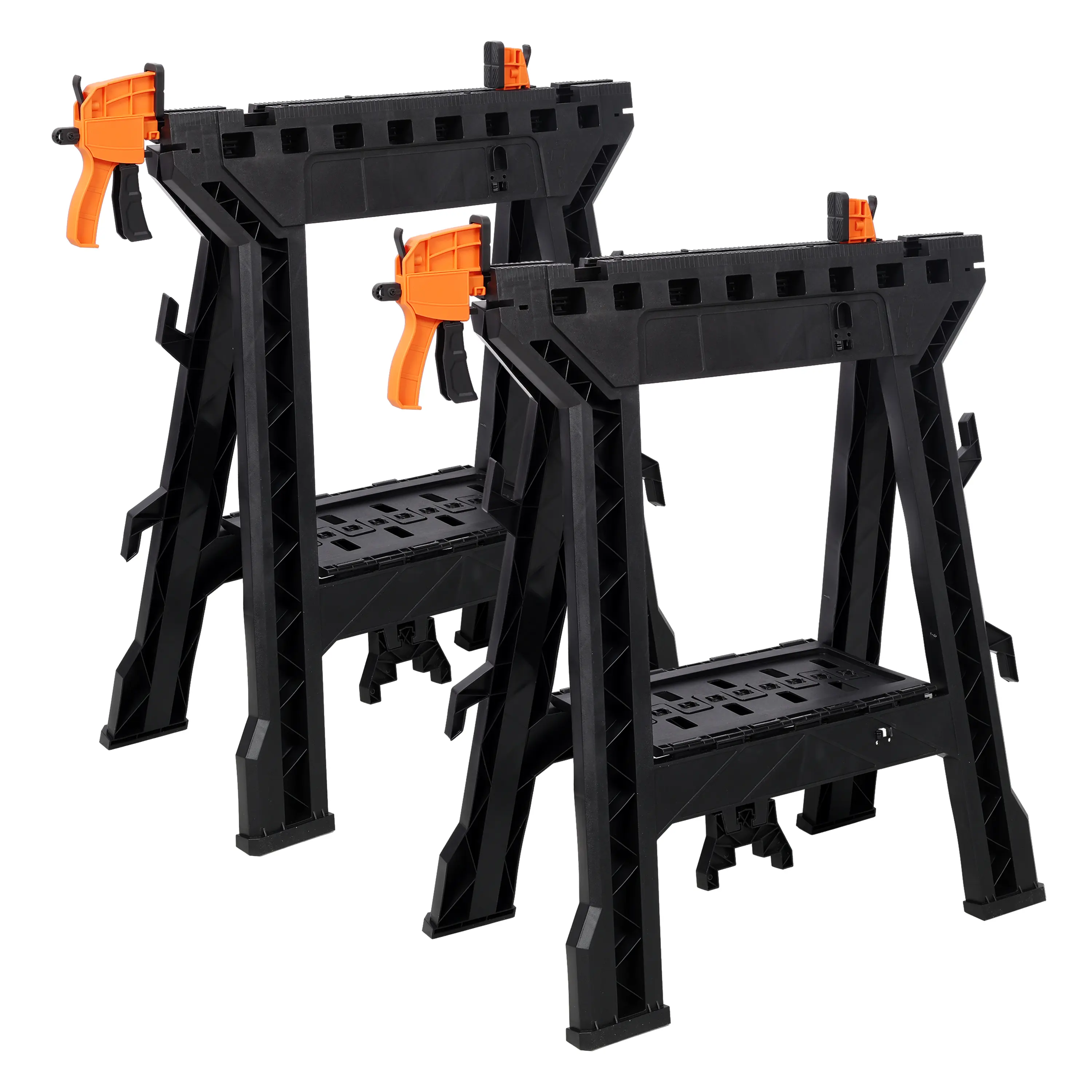 DONEXT 2-Pack Folding Clamping Sawhorses, Heavy-Duty Plastic Model with 2200 LBS Load Capacity, Fully Assembled, Built-in Clamps, Storage Holder for Garage, Workshop Use