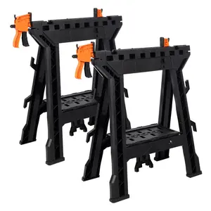 DONEXT Folding Clamping Sawhorse Set of 2 Heavy Duty 2200 LBS Load Capacity Plastic for Garage Workshop Fully Assembled with Built-in Clamps and Storage Holder