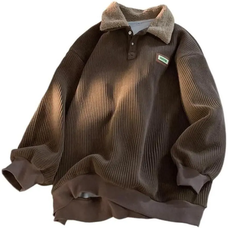 Corduroy polo collar sweater autumn and winter couple loose comfortable casual men's classic soft long sleeve Sweatshirt