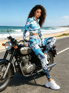 Women's Sporty High-Waisted Long Sleeve Zip-Up Top Set, All-Over Print, Thumb Hole Jacket, Tight Pants, Four-Season Knitwear