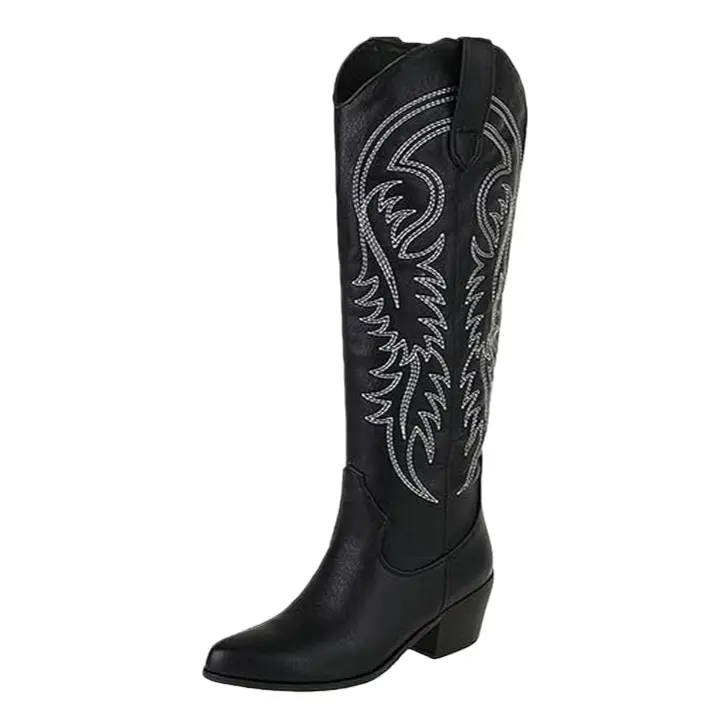 Women's Western Embroidery Cowboy Boots, Chunky Block Heel, Almond-Pointed Toe, Mid-Calf to Knee-High PU Leather Booties with PU Leather Upper