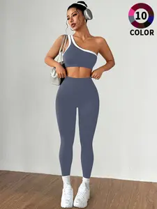 Women's Sportswear Set, Colorblock Casual Sports Style, Yoga Bra & Long Pants, Slim-Fitting, All-Season Wear, Fall & Winter, Workout Sets