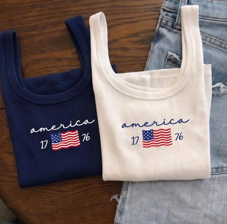 [Made in US] America 1776 Embroidered Tank Top, Patriotic USA Flag Shirt, Fourth of July Tank, Americana Summer Outfit, USA Gift