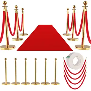 12 Pack Stanchions with Retractable Velvet Ropes & 26FT Red Carpet, Stainless Steel Post and Filled Base, Retractable Safety Barriers for Hotel, Wedding, Theater, Event