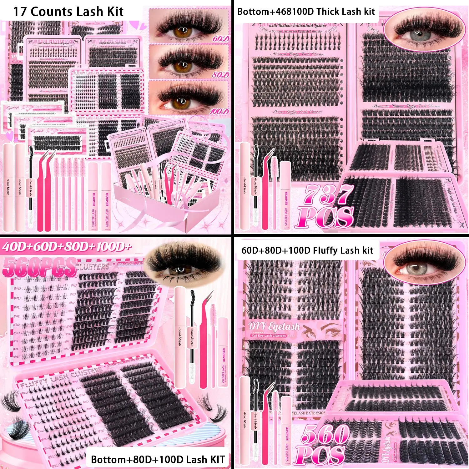 17 Eyelash Extensions, Eyelash Set, Upper/Lower Eyelash, DIY Eyelashes Clusters, DIY Lash Extension with 2 Glue, 2 Tweezers, 5 Brushes, 2 Removers, D Curl Individual Lashes Extensions, Soft Reusable Cluster Lash Extension