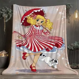 Candy Candy & White Cat Throw Blanket - Soft Flannel All-Season Bedspread with Retro 70s Anime Design, Red & White Striped Dress & Umbrella Pattern - Cozy Couch, Bed, Travel, Camping Blanket Suitable as a gift sizes 60*80,30*40(baby ),40*50(kids),50*60