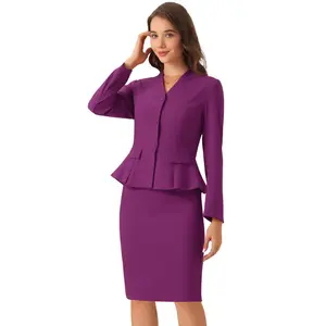 INSPIRE CHIC Women's Long Sleeve Collarless Peplum Blazer and Pencil Skirts Suit Set 2 Pcs