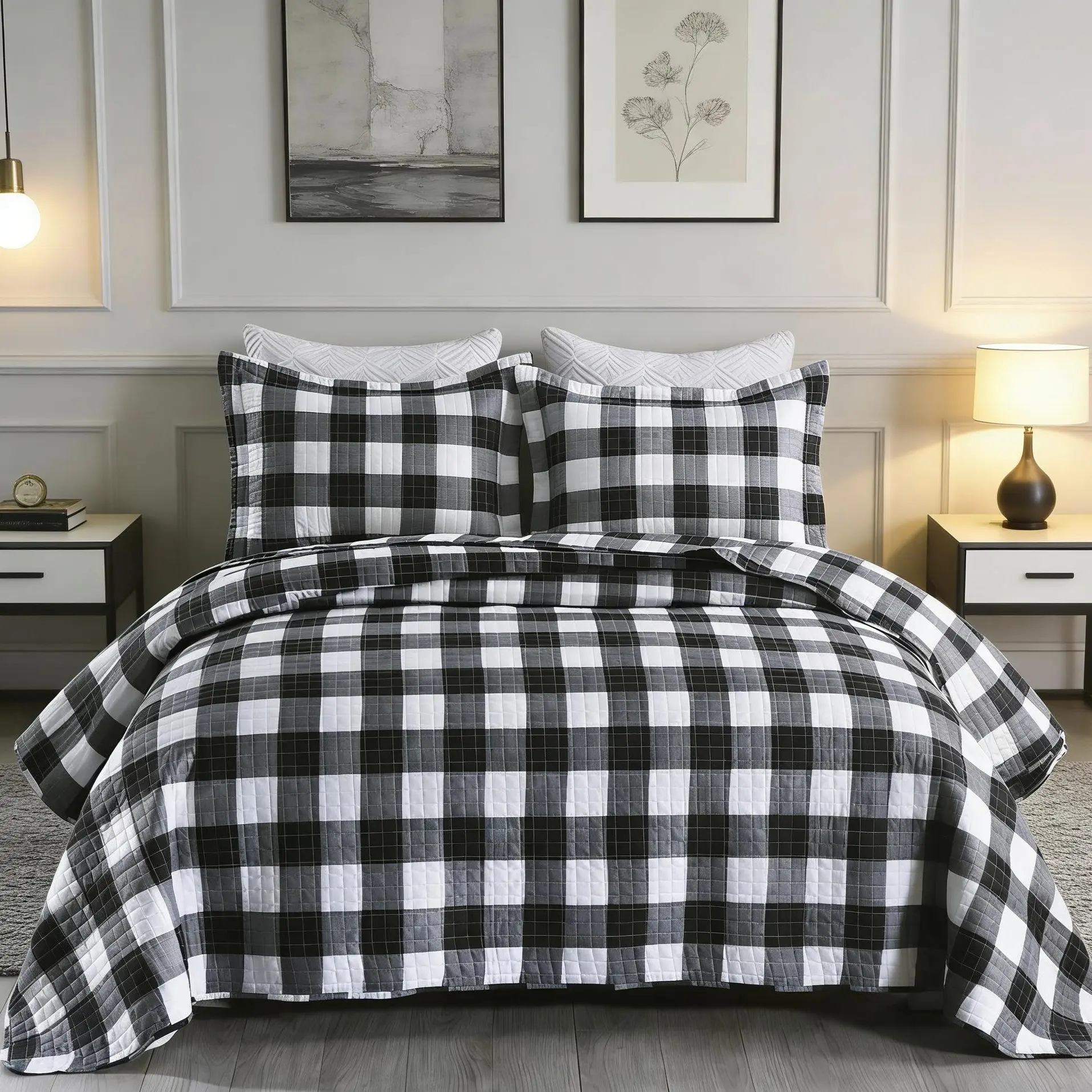 3 Pcs Buffalo Plaid Check Quilt Bedspread Set Gingham Bedding Set - Super Soft & Lightweight Flat Weave Fabric for Year Round Use