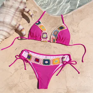 Vibrant Summer Rainbow Crochet Color-Block Bikini Set