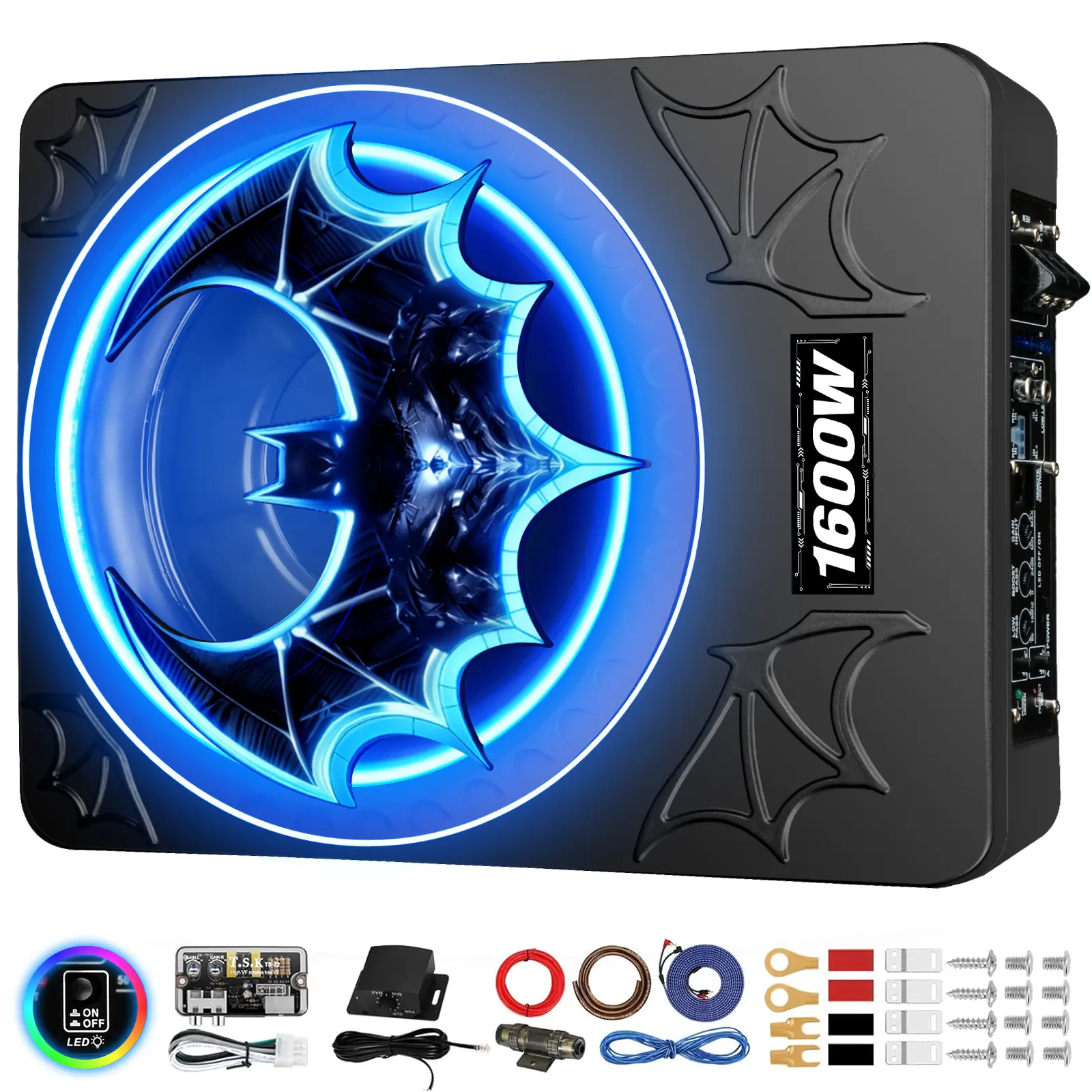 TANVSO 1600W Peak Amplified 10-Inch Slim Underseat Car Subwoofer Package - Cast Aluminum, Built-In Amplifier, RGB Lights, Ambient Light Switch, Low Pass, Gain, Bass Control, Subsonic Deep Bass for Cars, Trucks Profile Audio Speaker, Subwoofers