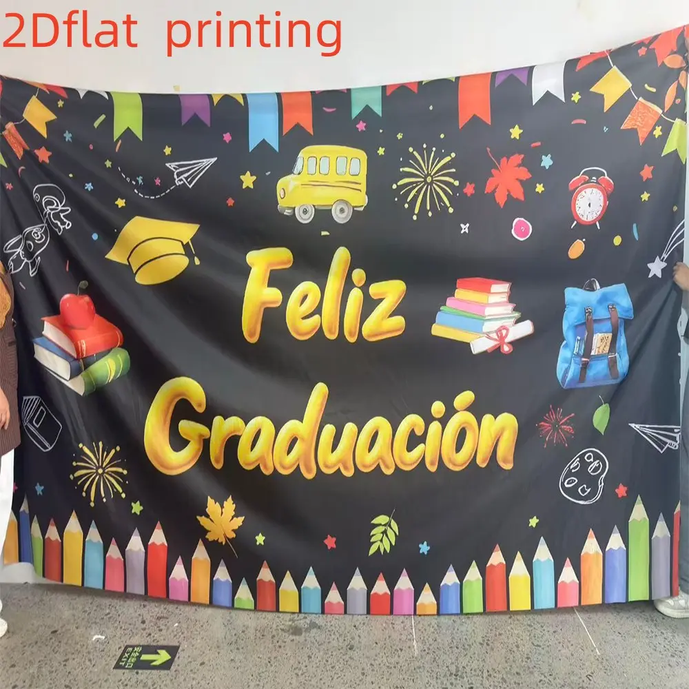 2D Flat 1pc Feliz Graduacion Spanish Graduation Backdrop Banner, School Bus Book Pencil Photography Background, Ideal for Kids Preschool Kindergarten Graduation Party, Photo Booth Decor, Multiple Sizes Available