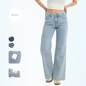 BLEU Women's Mid Rise Baggy Jeans Vintage Washed Wide Leg Denim Pants Comfortable Fit Street Wear Style
