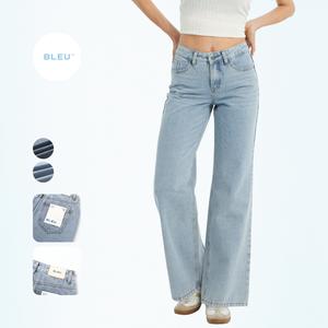 BLEU Women's Mid Waist Wide Leg Denim Jeans - Vintage Washed, Loose Baggy, Cold Wash Casual Streetwear, Comfortable Long Urban Bottoms, Long Jeans
