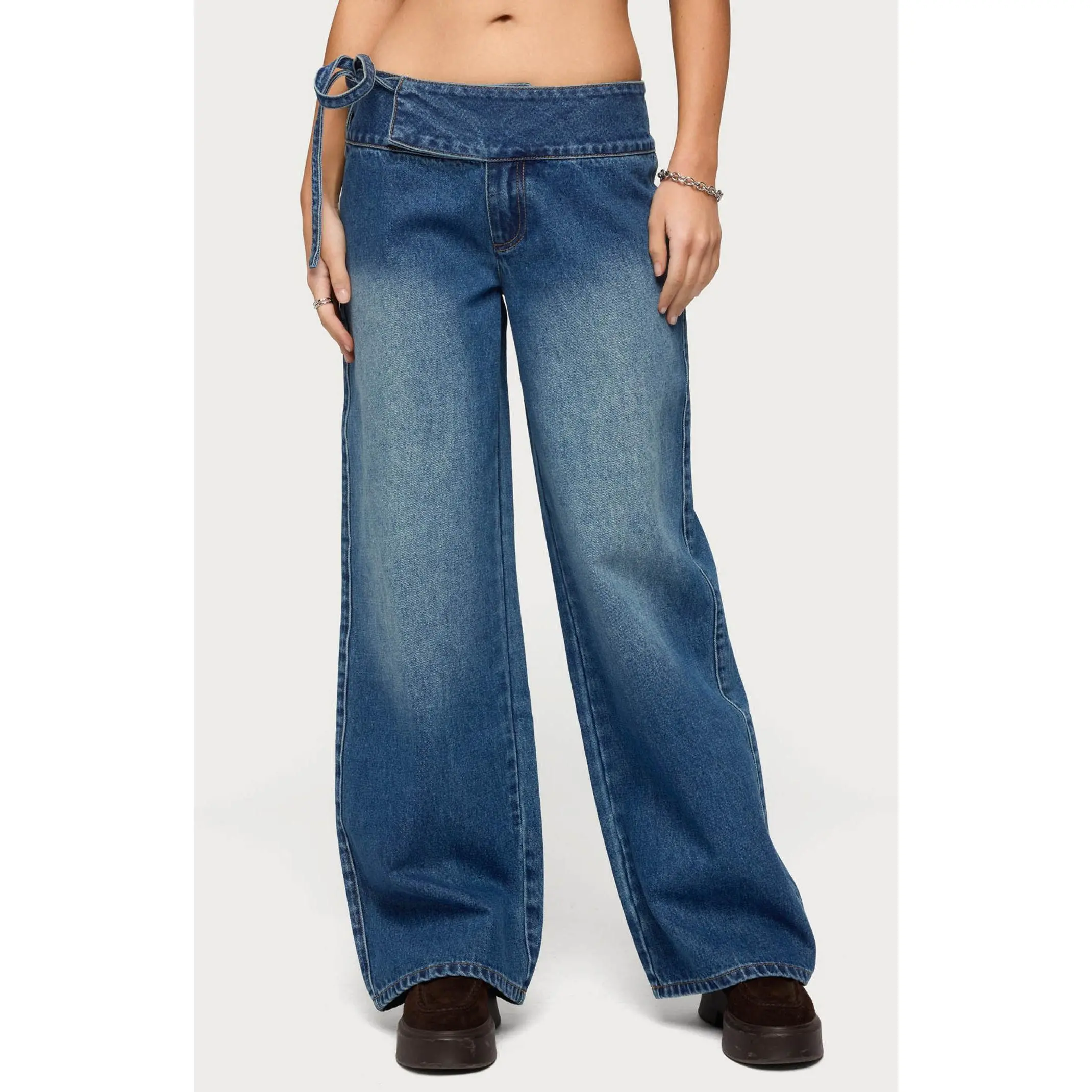 Edikted Women's Cleo Tie Waist Low Rise Baggy Jeans