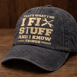 I Fix Stuff and I Know Things Dad Hat - Adjustable Cotton Baseball Cap for Men - Ideal Mens Gifts for Birthday, Father's Day - Funny Vintage Trucker Cap White Elephant Gifts from Son Daughter