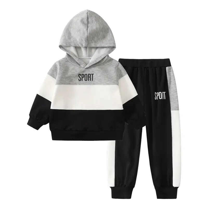 #backtoschool 2-piece boys' fashion trend in autumn and winter sports children's wear autumn and winter letter printing color stitching fashion hooded sports coat elastic waist casual trousers suit Youth Kits
