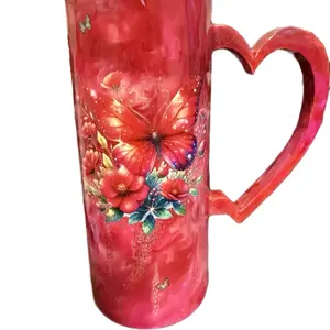 Custom 3d Heart Handle Epoxy Tumbler - BPA Free with Butterfly Design and Red Floral Pattern