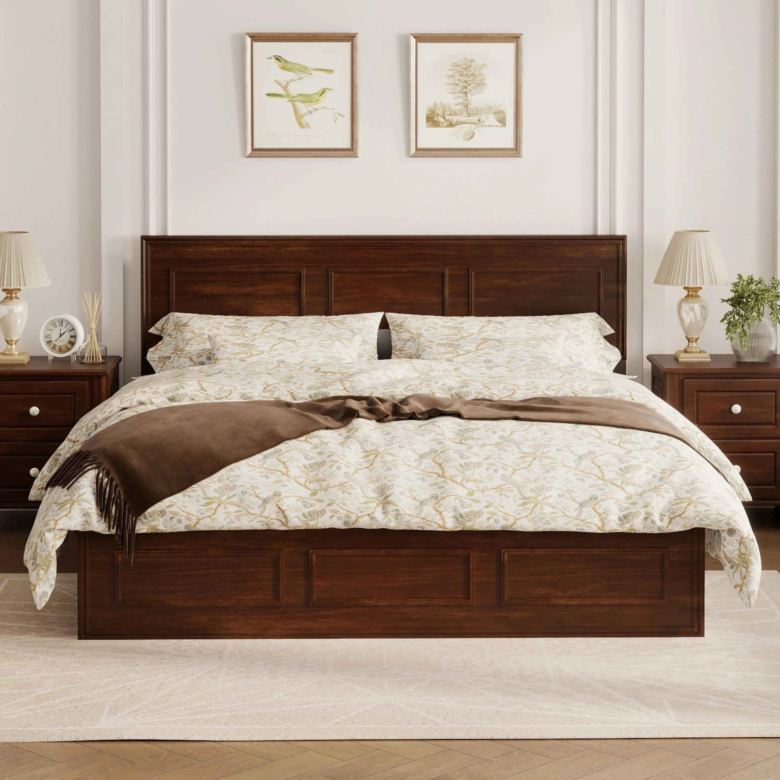 Queen Size Solid Pine Wood Bed Frame, Adjustable Height Geometric Panel Headboard, Reinforced Slat Support, Under‑Bed Storage Space, Farmhouse Bedroom Furniture, Walnut