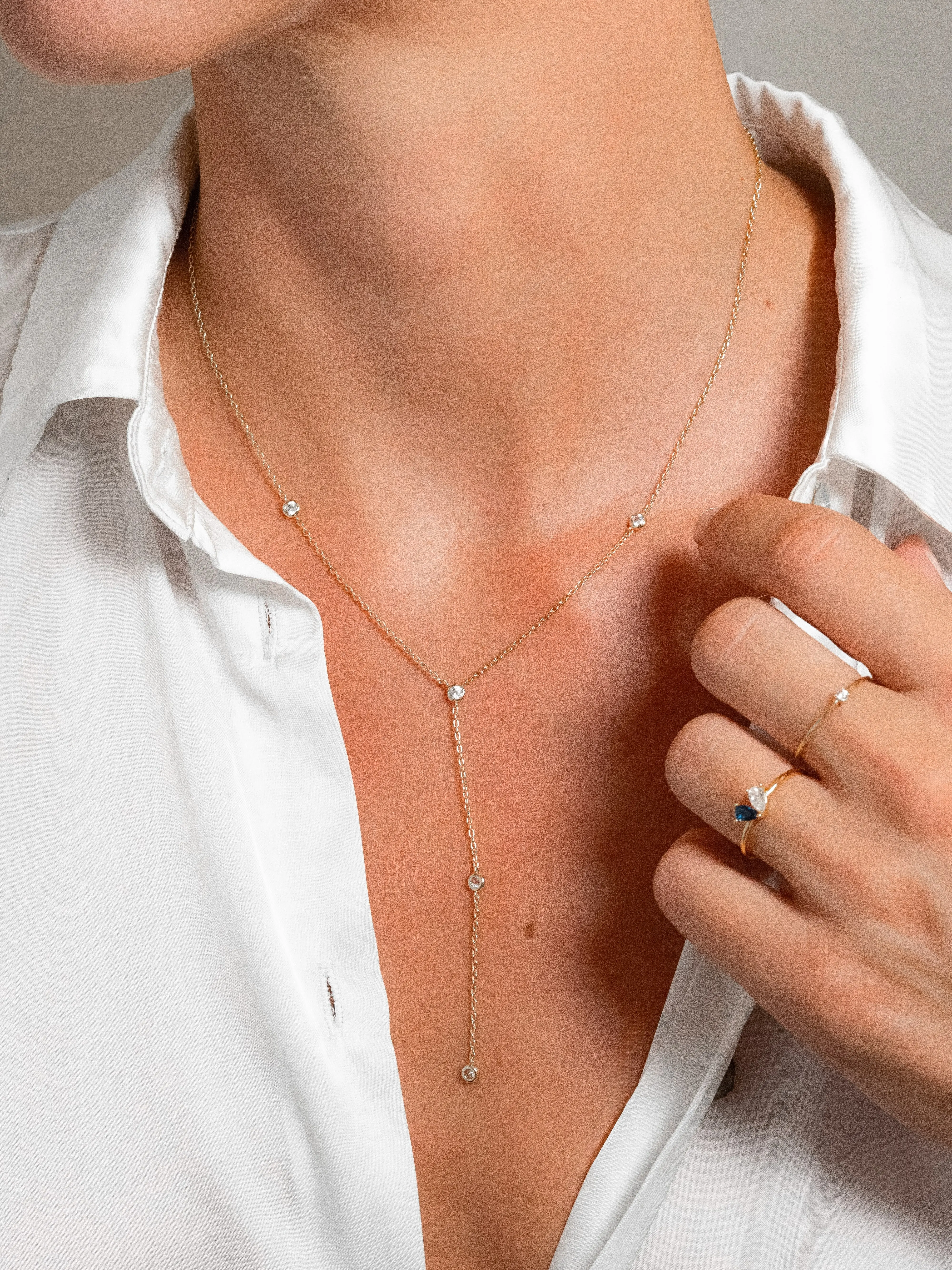Diamond Lariat Necklace | 14k Gold Diamond Necklace | Bezel Diamond Statement | Y Necklace | Minimalist Elegant Diamond | Layering Necklace