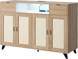 2 Drawer 2 Door Sideboard Cabinet with LED Lights Power Outlet Iron MDF Storage Console Table with Adjustable Shelves for Dining Room Living Room Hallway Natural