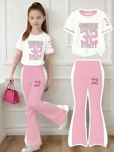 Teen Girls' Casual Loose Fit Round Neck Short Sleeve Top & Bell Bottoms Set, All-Season Wear, Perfect for Daily, Streetwear