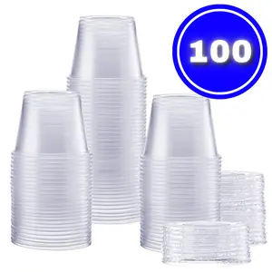 100 Portion Cups + 100 Lids 2oz, 4.4oz, 5oz Plastic Clear Disposable Dessert Cup with Lid Containers Kitchen Containers Kitchen