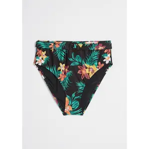 ModCloth Boardwalk Bliss High Waisted Bikini Bottom Hi Cut Leg with Attached Belt - Black Tropical Floral Print (XS-3X)