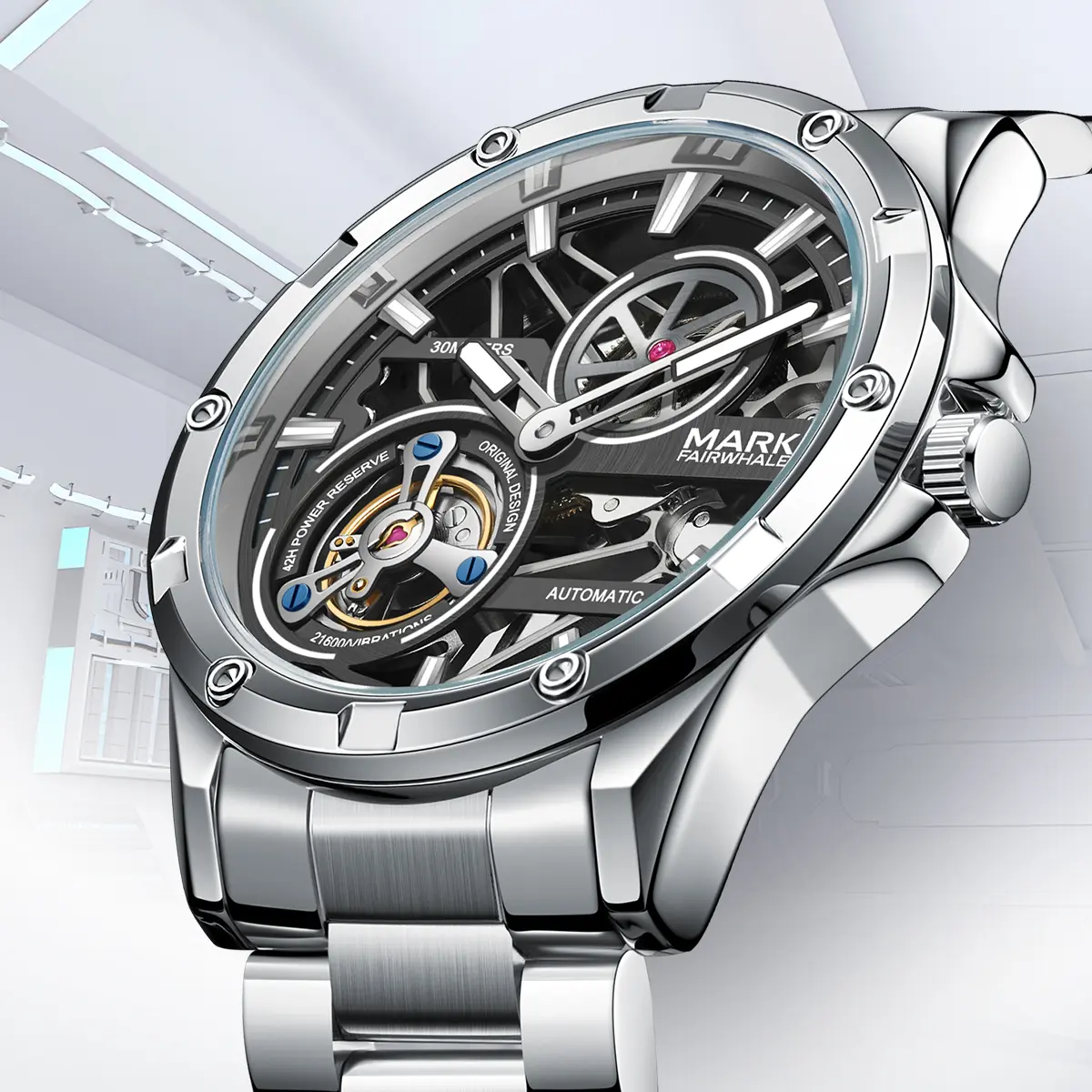 Fully automatic mechanical men’s watch with a round steel strap; luxurious, water-resistant and drop-resistant design featuring a multi-layer tourbillon movement; includes gift packaging box; suitable for men’s business meetings.