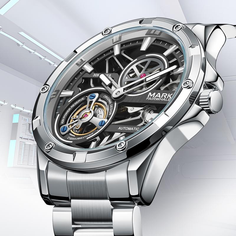 MARK FAIRWHALE Men’s Automatic Steel Band Watch - Round Face, Multi-Layer Tourbillon Movement, Waterproof, Drop-Resistant, Luminous Elegant Analog Dial, Business Casual Fashion Wristwatch, Gift Box Included, Ideal for Business Meetings