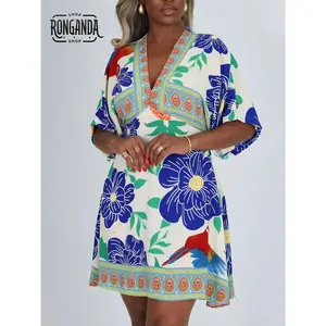 Women's Plus Size Bohemian Casual Floral Tropical Bloom V-Neck Short-Sleeve Kaftan Mini Dress with Special Benefits and Discounts
