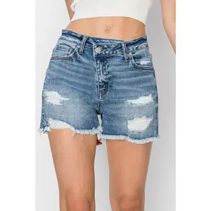 RISEN Distressed Denim Shorts Featuring Stepped Waist Design