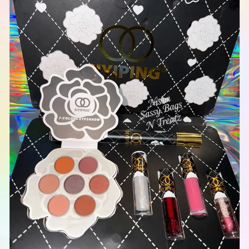 Black Purse Eyeshadow Makeup Set with Lipgloss  - 7-Color Palette & 4 Lip Glosses for Complete Look glass yeshadow cosmetic lipgloss cosmetic