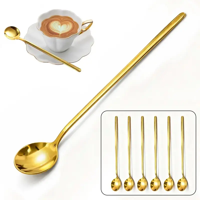 6-Piece Long Coffee Stirring Spoons Set, Stainless Steel Iced Tea Spoon, Dessert Spoon, Perfect for Hot Chocolate, Ice Tea, Latte, Home Bar Accessories, Drink Accessories