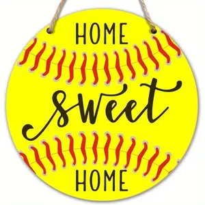 Wooden Welcome Sign for Home, Baseball Softball Front Door Decor, Rustic Cottage Wall Plaque 9.2x9.2 Inches, Durable & Lightweight Design for Sports Fans