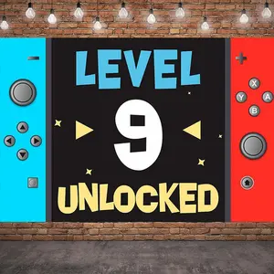 Video Game Themed Level-Up 9th Birthday Banner Backdrop, 1pc Reusable Polyester Photo Booth Decor, 90.5x70.8in Large Size, Ideal for Youth Birthday Celebrations