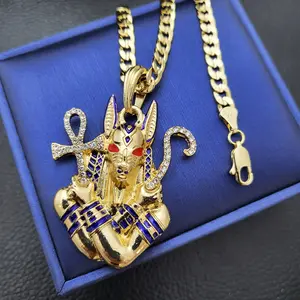 Egypt Egyptian God Anubis Pendant & 14K Stamped 5mm 20" 24" Cuban Chain Hip Hop Style Religious High-End Necklace Fashion Jewelry