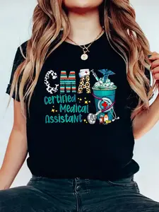 Certified Medical Assistant CMA Leopard Cowhide Coffee Cup T-Shirt Casual Printed 100% Cotton Women T Shirt, Summer Tshirts Short Sleeve Graphic Tee Women Tops