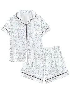 Women's Rabbit Bowknot Printed Pajama Set, Comfortable Two-Piece Short Sleeve Top and Elastic Pants, All-Season Sleepwear Gift