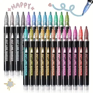 24 Colors Double Line Super Squiggles Glitter & Metallic Markers - Self Outline Pens for Art, Greeting Cards & Crafts, Gift for Christmas New year Party, Premium Paint Pens Set