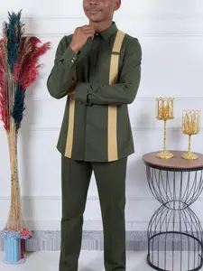 Elegant African Men's Suit Set Fitted Long Sleeve, High-End Olive & Champagne, Perfect for Commuting & Parties, Nigerian Ethnic Custom Design