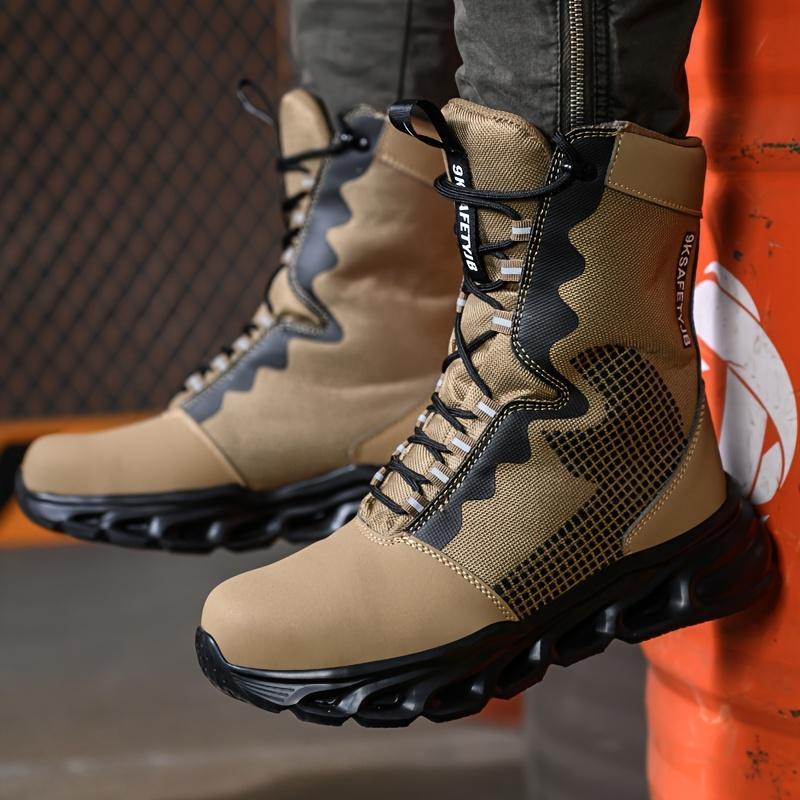 1 Pair of Men'S Tactical Combat Boots, Steel Toe Work Shoes, Anti-Puncture Safety Shoes, Windproof Abrasion-Resistant, High-Top Lace-Up, Fabric Upper, Faux Sole, Universal Fit