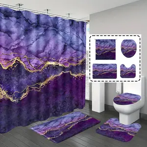 [Popular Choice]1pc/4pcs, bathroom curtains shower, bathroom set, shower curtains, bathroom rug, home decoration, bathroom mat, purple marble pattern, simple and luxurious theme decoration, bathroom set, with 12 hooks, Shower Curtain Sets