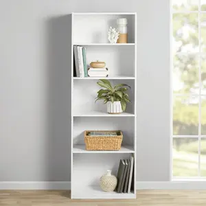 Rack 5-Shelf Bookcase With Adjustable Shelves White Organization Storage Furniture Modern Design Interior Enclosed Back Flexible Storage