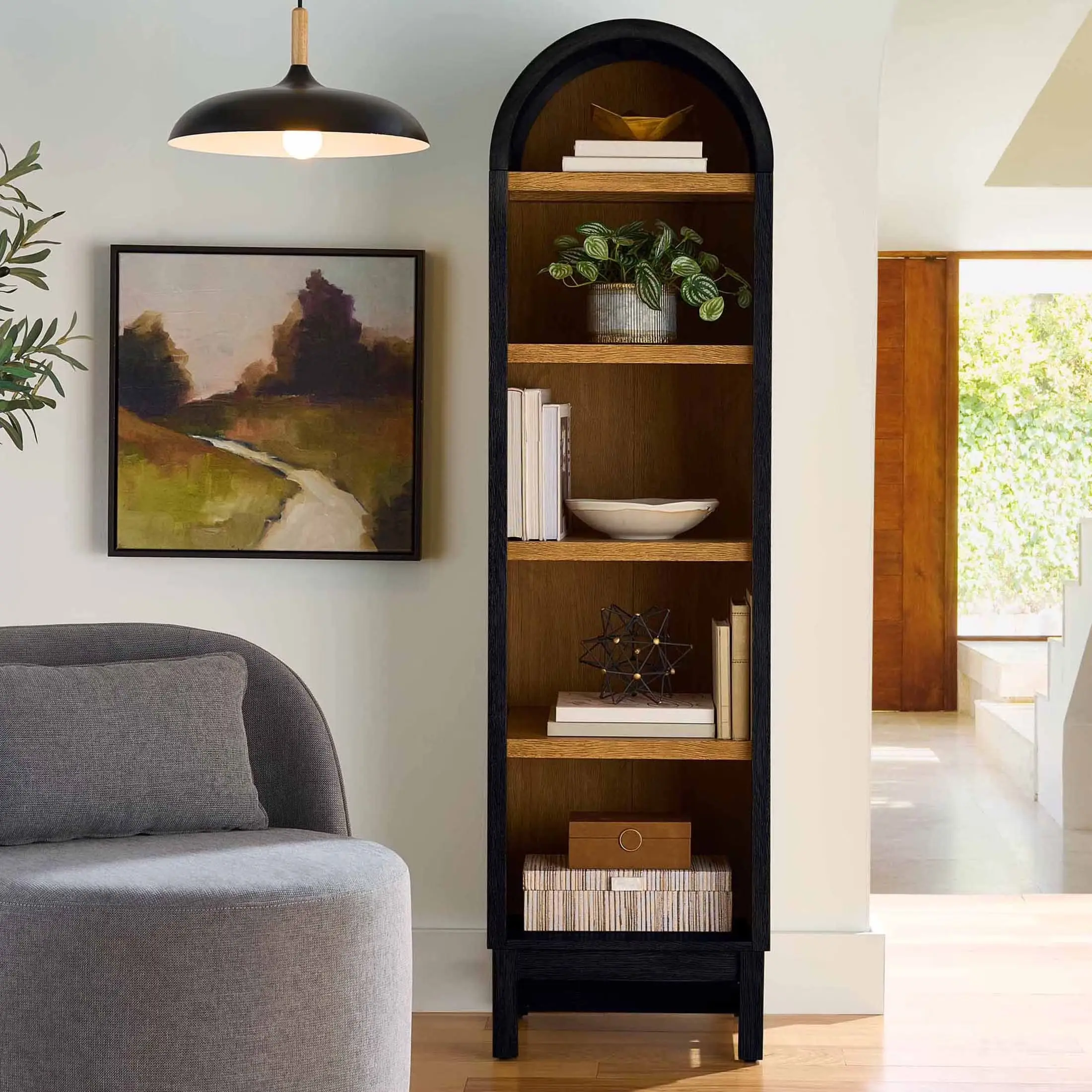 Juliet Narrow Arch Bookcase, Rich Black and Light Honey