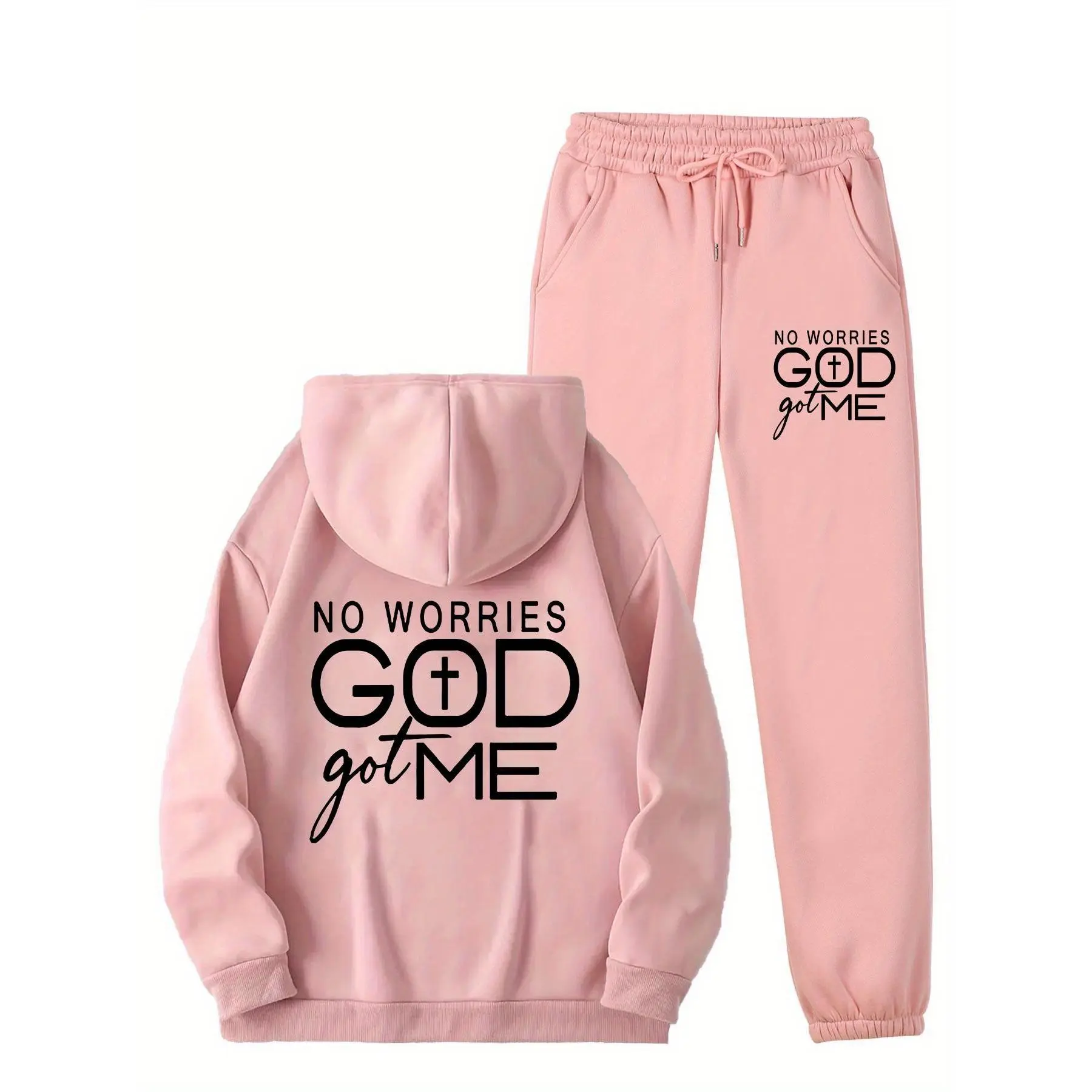 no worries GOD got me Printed Women's Casual Sports Set, Sports Kangaroo Pocket Hooded Sweatshirt Set, Women's 2-Piece Warm Set