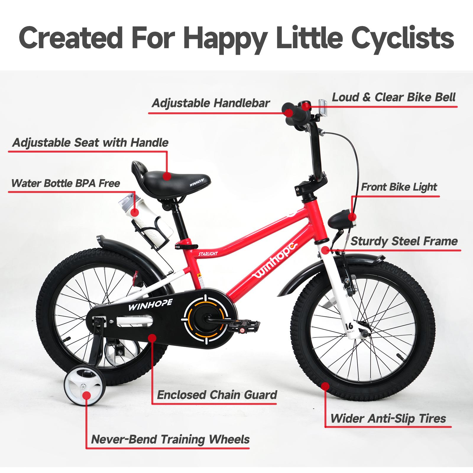 WinHope Star Light Kids’ Bicycle Ages 2–9 | 12–18 inch with training wheels, front light, fenders, water bottle holder | 95% preassembled, dual brakes, adjustable seat/handlebar